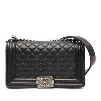 Chanel Pre-owned Womens Old Medium Quilted Caviar Boy Flap - Black Leather - One Size