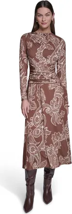 Halston Heritage Long Sleeve Paisley Printed Jersey Midi Dress in Tan Multi at Nordstrom, Size 10
