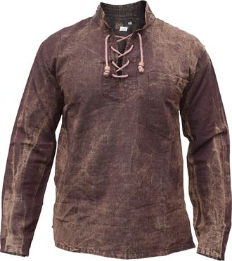 Gheri Mens Hemp Cotton Lace Up V Neck Grandad Shirt Stone Washed Brown XXX-Large