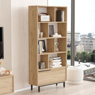 Dmora Librer&iacute;a Seneghe, Biblioteca 8 Estantes, Una Puerta, Instalaci&oacute;n Libre, 84x30x176h Cm Roble Marr&oacute;n