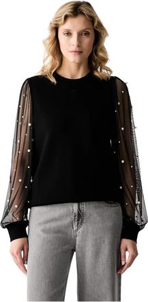 Karl Lagerfeld Top met Faux-parels en Transparante Mouwen - Dames - Blouses - Zwart - S - Polyester - Overhemden