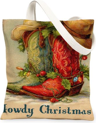Generic Holiday Cowboy Boots Canvas Tote Bags, Vintage Western Reusable Grocery Bags, Festive Lightweight Washable Canvas for Trave, Multicolor, 13x15 Inch