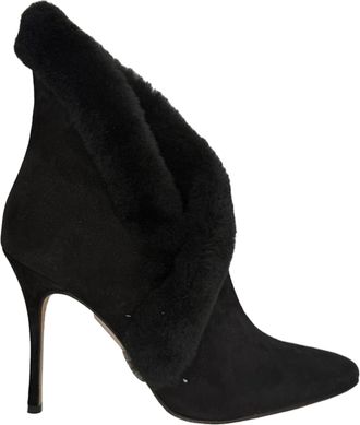 Manolo Blahnik Nestanu 105 Fur Trimmed Ankle Boots in Black Suede
