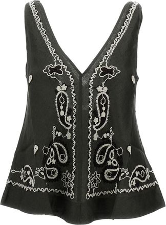 P.A.R.O.S.H. Intricate Embroidered Linen Top with V-Neckline