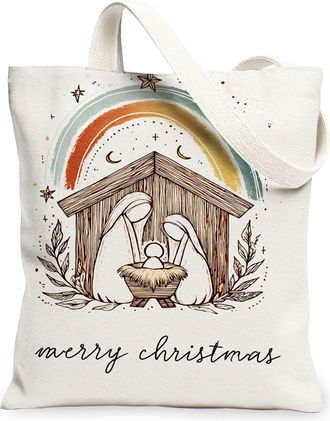 Generic Christmas Nativity Canvas Tote Bags, Vintage Artistic Design Reusable Grocery Bags, Lightweight Washable Shoulder Strap Can, White, 13x15 Inch