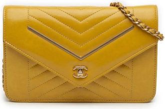 Chanel Pre-owned Vintage Chevron Quilted Crossbody - Dames - Vintage Schoudertas - Geel - ONE Size - Leer - Vintage