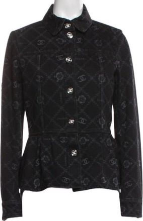 Chanel Black Camelia Denim Button Front Jacket Size S