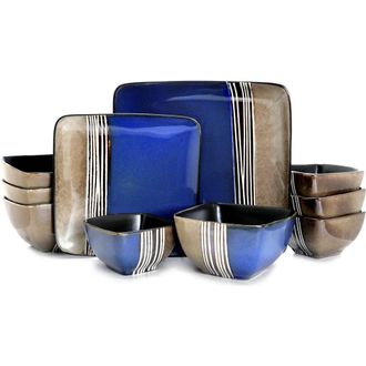 Elama Uptown Loft 16 Piece Double Bowl Stoneware Dinnerware Set with Service for 4 in Blue at Nordstrom
