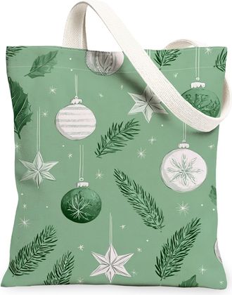 Generic Christmas Ornaments Canvas Tote Bags, Stylish Holiday Pattern Reusable Grocery Bags, Winter Vintage Green Washable Shoulder, Green, 13x15 Inch