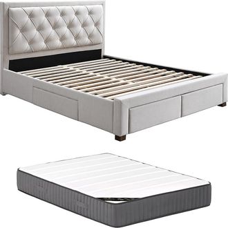 Vente-Unique Cama con cajones 160 x 200 cm - Tela - Beige + Colchón - LEOPOLD
