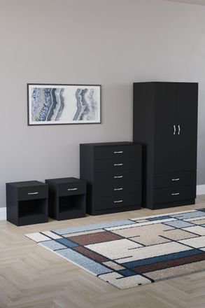 Home Discount Riano 4 Piece Bedroom Set - 1 Drawer Bedside, 5 Drawer Chest, Wardrobe in Black