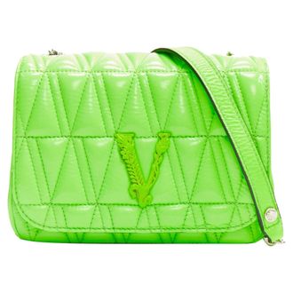 Versace Virtus bright green V quilted patent leather crossbody flap bag