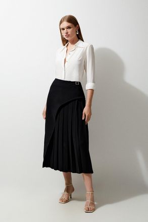 Karen Millen Womens Tailored Buckle Detail Pleated Midi Skirt - Black - Size 10 UK