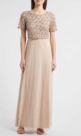 Pisarro Nights Beaded Mesh Mock Two-Piece Evening Dress in New Peach at Nordstrom, Size 22