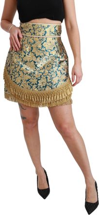 Dolce & Gabbana Blue High Waist Jacquard Tassel Gold Womens Skirt