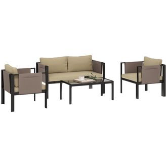 OUTSUNNY 4 Piece Garden Sofa Set w/ Tempered Glass Coffee Table Khaki | TJ Hughes