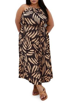 City Chic Tatum Pleated Tie Waist Dress in Taupe/Blk at Nordstrom Rack, Size L/20W