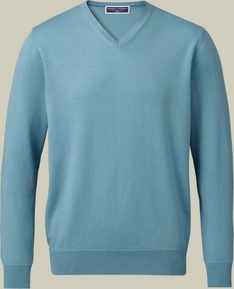 CHARLES TYRWHITT Merino V-Neck Wool Jumper - Aqua Green Size Large by Charles Tyrwhitt