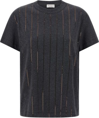 Brunello Cucinelli Grey Dazzling Chalk Stripe Embroidery T-shirt