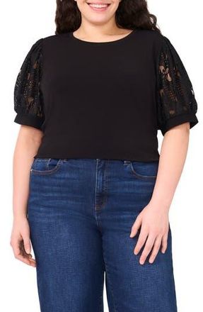 CeCe by Cynthia Steffe Lace Puff Sleeve T-Shirt in Rich Black at Nordstrom Rack, Size 1 X