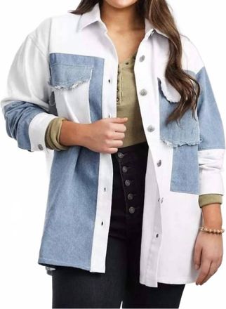 Miss Me Woven Denim Jacket In Patchwork Blue & White