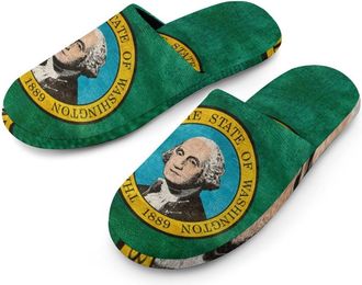 Generic Vintage Washington Flag Flannel Mens Slip-on Slippers Winter Warm House Shoes with Rubber Sole for Home Hotel