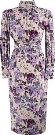 Alessandra Rich Purple Floral High Neck Silk Midi Dress Size XS