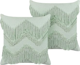 Beliani Conjunto De 2 Cojines De Algod&oacute;n Verde Claro 45 X 45 Cm Borlas Accesorio Bacopa