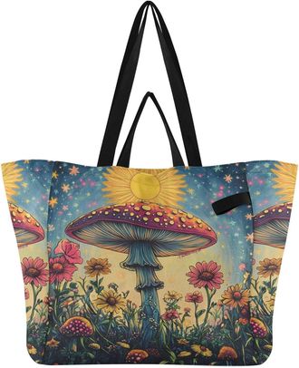 Generic Floral Mushroom Red print Reusable Canvas Tote Bag, Heavy Duty Grocery Shopping Bag with Double Handles Large Capacity Hard Bottom Work Groceries Trav