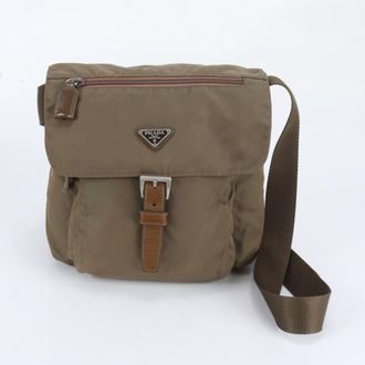 Prada Khaki Leather Nylon Messenger Bag Shoulder Bag (Pre-Owned)