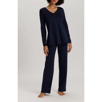 Hanro Cotton & Silk Long Sleeve Pajamas in Deep Navy at Nordstrom, Size X-Large