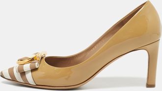 Ferragamo Beige Grosgrain And Patent Leather Ezia Pumps