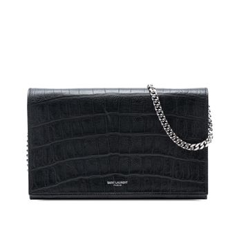 Saint Laurent Pre-owned Womens Croc Embossed Leather Wallet On Chain - Black - One Size