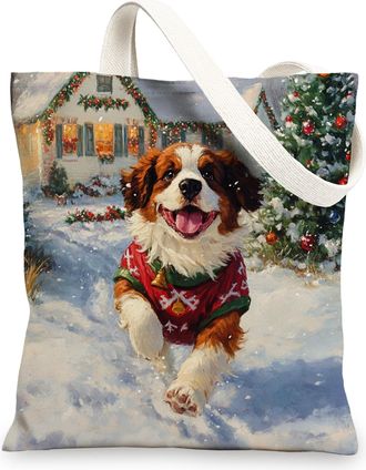 Generic Christmas St. Bernard Dog Canvas Tote Bag for Shopping 13x15, Winter Snow Xmas Puppy Reusable Grocery Print Bag for Women, Holiday Pet Beach Aesthetic