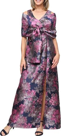 S.L. Fashions Floral Jacquard Gown with Jacket in Navy/Pink at Nordstrom, Size 18