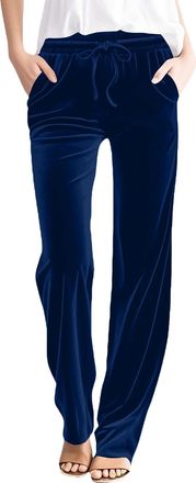 Generic Straight Leg Trousers Women, Velvet Trousers Womens Straight Leg Drawstring Elasticated Waist Long Pants Plian Lightweight Soft Lounge Palazzo Bottoms