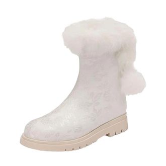 Generic Womens Casual Mid Calf Boots Round Toe Med Square Heel With Side Zipper And Floral Butterfly-Knot Accent