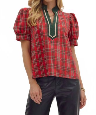Entro Yuletide Puff Sleeve Top In Red Plaid