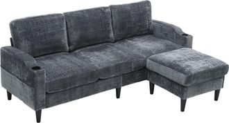 STILVORA Sof&aacute; Esquinero Reversible 4 Plazas En Chenilla Con Puff Cofre, 2 Portavasos Y Bolsillos Laterales, Gris