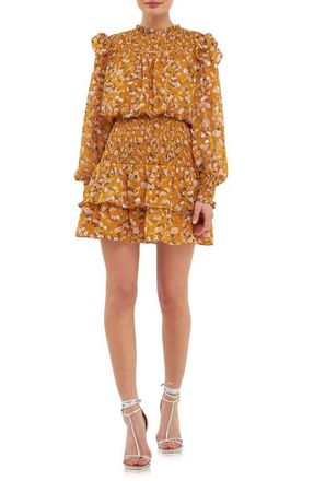 endless rose Floral Print Shirred Long Sleeve Chiffon Minidress in Mustard at Nordstrom, Size Small