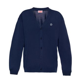 Kenzo Cardigans, male, Blue, Size: S Wool Cardigan with Appliqu&eacute;