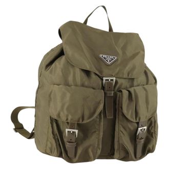 Prada Vela Double Front Pocket Backpack Tessuto With Saffiano Leather Khaki Nylon Backpack Bag (Pre-Owned)