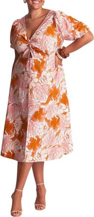 Estelle Amira Floral Print Puff Sleeve Midi Dress in Sunset at Nordstrom, Size 16W