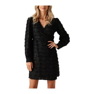 Object Objdaria L/S RE Short Wrap Dress DA - Dames - Korte kleedjes - Zwart - XS - Polyester - Kleedjes