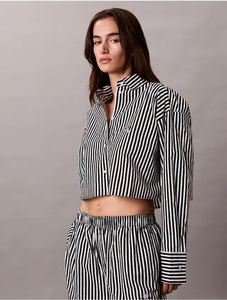 Calvin Klein Womens Cotton Poplin Cropped Sleep Shirt - Black - XL