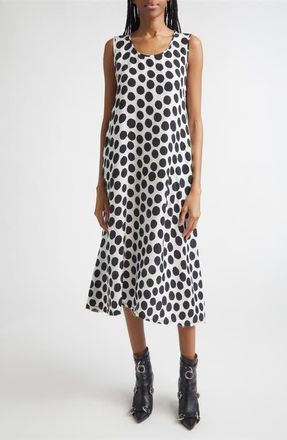 R13 Sleeveless Polka Dot Cupro Midi Dress in White With Black Polka Dot at Nordstrom, Size X-Small