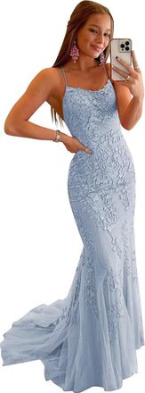 Generic Mermaid Long Party Dresses for Teens Spaghetti Strap Tulle Prom Gowns Backless Lace Applique Formal Evening Dress Light Blue