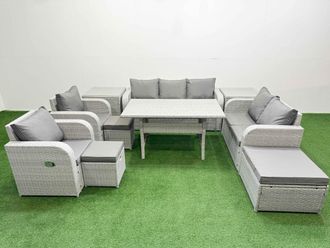 Fimous PE Rattan Garden Furniture Set Reclining Chair Sofa Double Love Seat 2 Seater Sofa Lounge Set Rectangular Dining Table 3 Stools 2 Side Table
