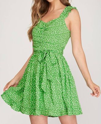 She + Sky Ruffle Sleeve Dress With Waist Sash In Green Floral Print