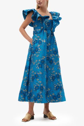 Ganni 3D Jacquard Ruffle Midi Dress - Size 32 Blue